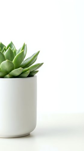 Green succulent plant in white ceramic pot on clean background with copy space for home decor and interior design projects.