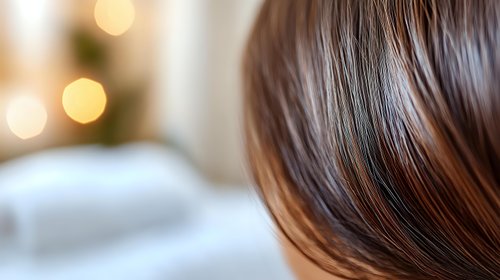 Close up view of shiny brown hair with soft bokeh lights in background creating romantic atmosphere. Natural hairstyling and beauty concept.