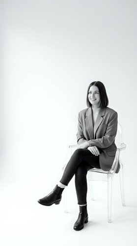 Professional Asian businesswoman in blazer sitting on transparent chair smiling confidently in black and white studio portrait for corporate use.