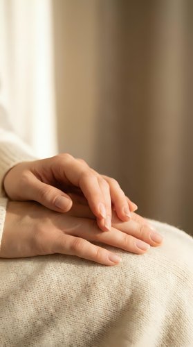 Soft close-up of female hands resting gently on a cozy knit fabric, conveying calm, mindfulness, and self-care in warm neutral tones.