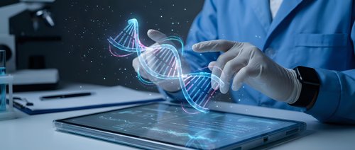 Scientist in blue lab coat analyzing holographic DNA double helix structure on digital tablet for genetic research and biotechnology applications.
