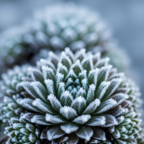 Frost-covered succulent plant with intricate ice crystals on leaves creating winter garden texture for seasonal botanical designs.