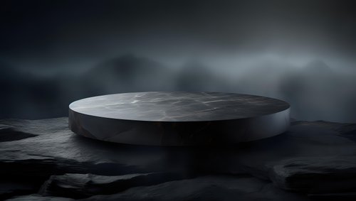 Dark stone platform podium on rocky surface with dramatic cloudy sky background for product display and presentation purposes.