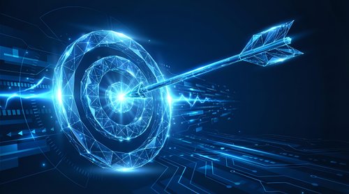 Digital arrow hitting glowing target bullseye with blue light effects and circuit patterns on dark background for business success and goal achievement concepts.