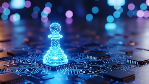 Glowing chess pawn on circuit board with bokeh lights representing artificial intelligence, strategic thinking, and digital technology concepts.