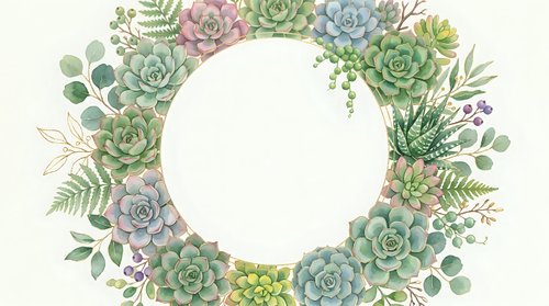 Watercolor succulent wreath with eucalyptus leaves and ferns on white background, botanical frame for wedding invitations and greeting cards.