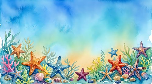 Watercolor underwater ocean scene with colorful starfish, coral reef, seaweed and marine life border on white background for summer beach designs.