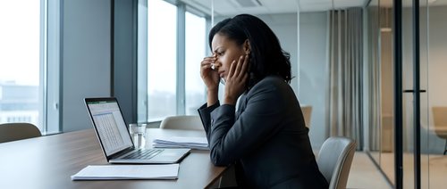 Professional African American businesswoman talking on phone while working on laptop in modern office conference room with city view windows.