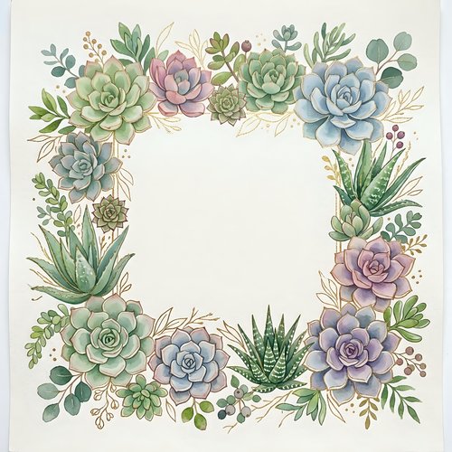 Watercolor succulent frame with green and purple plants, eucalyptus leaves creating decorative border on white background for wedding invitations.