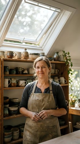 Middle-aged Caucasian female potter standing in ceramic workshop studio wearing apron surrounded by handmade pottery and clay vessels under skylight window.