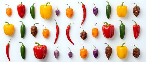 Colorful variety of fresh peppers arranged in rows on white background, showcasing bell, chili, jalapeno, habanero and cayenne types.