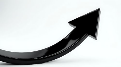 Black upward curved arrow on white background symbolizing growth, success, and positive business momentum for corporate presentations and financial concepts.