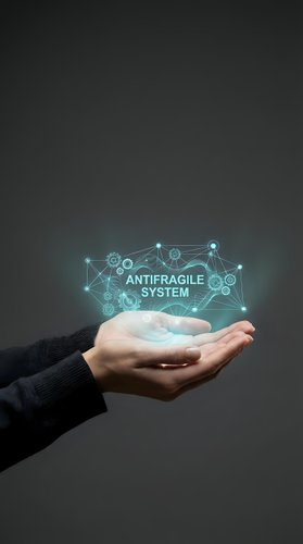 Businessman hand presenting antifragile system concept with glowing network connections and digital icons for resilience and adaptability solutions.