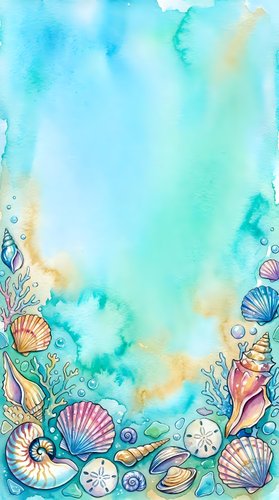 Watercolor ocean frame with seashells, coral and marine life creating decorative border on turquoise blue background for summer designs and coastal themes.