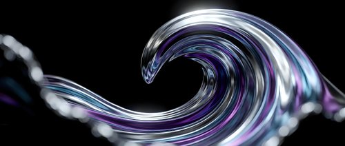 Swirling liquid wave with glossy purple and silver metallic finish flowing against dark background, suitable for abstract backgrounds and modern design projects.