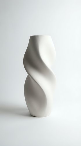 Modern white ceramic vase with twisted spiral design on neutral background for contemporary home decor and interior styling projects.