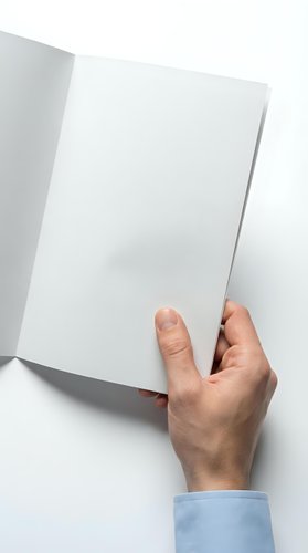 Hand holding open blank white book or magazine with empty pages on white background for mockup design and presentation purposes.