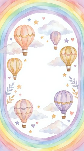 Watercolor pastel frame with hot air balloons, clouds, stars, and hearts in rainbow border, perfect for baby shower or nursery card design.