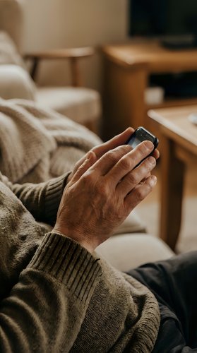 Senior man hands holding smartphone in cozy living room. Elderly person using mobile technology at home. Mature adult texting or browsing internet indoors.