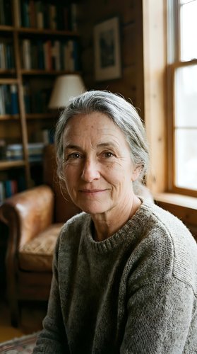 Mature Caucasian woman with gray hair smiling warmly in cozy home library wearing knit sweater for lifestyle and aging gracefully concepts.