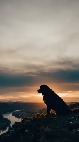 Dog silhouette sitting on mountain ridge at sunset overlooking river valley landscape. Suitable for pet, nature, and outdoor adventure themes.