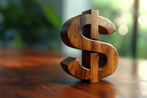 Wooden dollar sign symbol on table with natural lighting and bokeh background, representing finance, wealth, and business concepts.