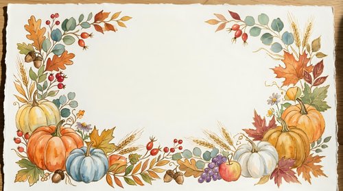 Autumn harvest frame with pumpkins, gourds, fall foliage, berries and leaves on isolated white background, ready for greeting cards, invitations and seasonal design projects.