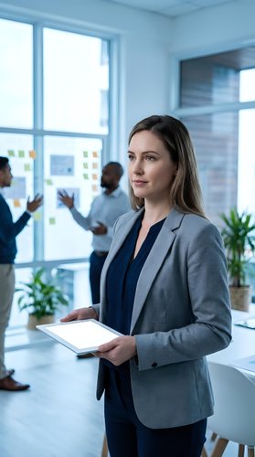 Caucasian female professional in gray blazer holding tablet in modern office with colleagues collaborating by windows, suitable for corporate, business, and workplace training materials.