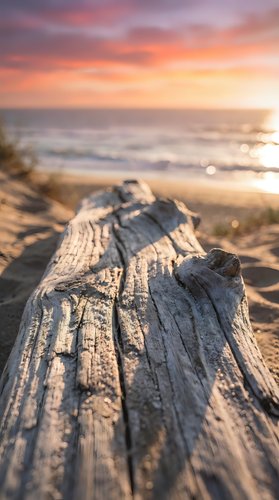 Weathered driftwood log on sandy beach at sunset with golden hour light, ocean waves and colorful sky in soft focus background for travel and nature designs.