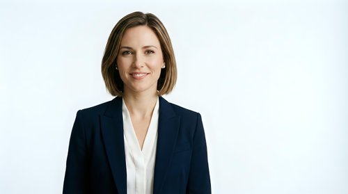 Professional businesswoman with short brown hair in navy blazer and white blouse smiling confidently on white background for corporate headshots.