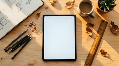 Blank tablet screen on wooden desk with coffee, pencils, ruler and autumn leaves for creative workspace mockup design projects.