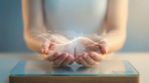 Hands cupped together holding glowing digital network connections with light rays emanating from palms representing technology innovation and connectivity.
