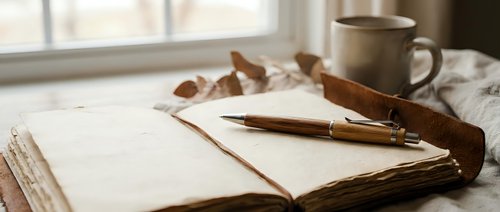 Cozy autumn morning scene with open notebook, fountain pen, coffee cup and fallen leaves on windowsill creating warm atmospheric workspace for writing and journaling.