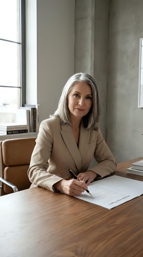 Confident mature businesswoman with silver hair in beige suit signing documents at modern office desk, professional executive leadership concept.