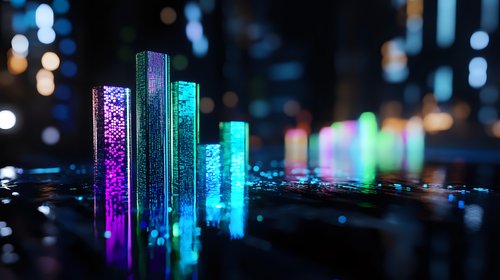 Glowing vertical columns with purple and turquoise illumination create futuristic cityscape visualization against dark background with bokeh lights effect.