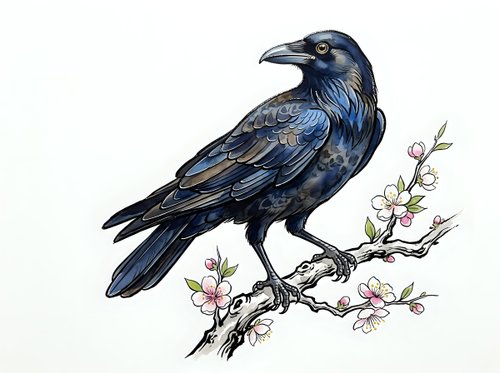 Dark blue raven perched on flowering branch with pink blossoms, isolated on white background, suitable for design projects and decorative applications.