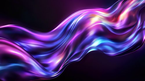 Luminous flowing waves in purple, pink and blue colors create dynamic abstract background with smooth glossy curves and light effects on black background.