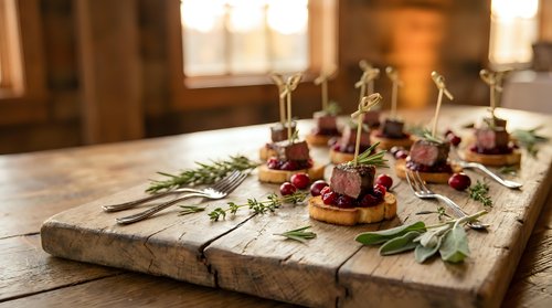 Gourmet appetizers with cranberries and herbs on rustic wooden board in warm kitchen setting for holiday entertaining and festive dining occasions.