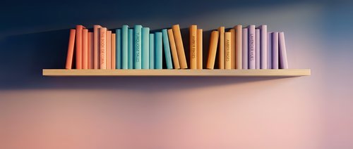 Colorful books arranged on wooden shelf against gradient background for education and learning concepts in modern interior design.