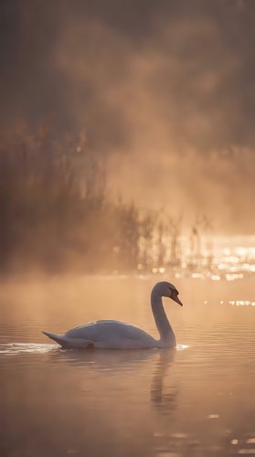 Elegant white swan swimming peacefully on misty lake during golden sunrise with warm atmospheric lighting and soft reflections on water surface.