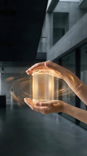 Female hands holding glowing glass cylinder with golden light energy swirling around it against modern architecture background. Concept for innovation, technology, sustainability.