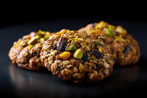 Homemade oatmeal cookies with mixed nuts, raisins and pistachios on dark background. Fresh baked healthy snack with natural ingredients and whole grains.