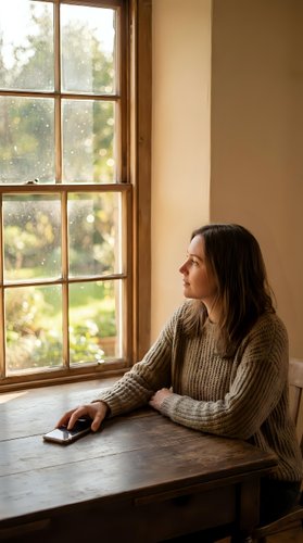 Woman with long dark hair, Caucasian ethnicity, sitting at wooden table by window holding smartphone, wearing beige knit sweater, gazing outdoors through rain-spotted glass panes with garden view.
