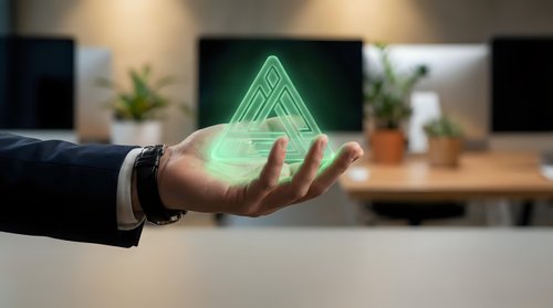 Young adult male hand holding glowing geometric triangle hologram in modern office workspace with plants and computer monitor, representing technology innovation and digital transformation.