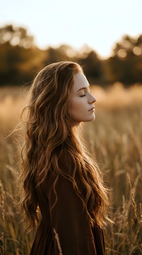 Young Caucasian woman with long wavy hair in profile enjoying peaceful moment in golden hour field. Serene meditation and mindfulness concept.