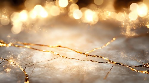 Delicate golden cracks on marble texture with glowing bokeh lights and sparkles create luxurious abstract background for elegant design projects.