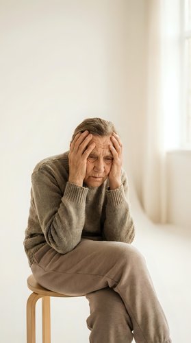 Stressed elderly Caucasian woman holding head in hands sitting on chair experiencing headache depression anxiety mental health issues in bright room.
