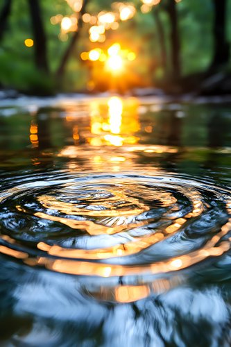 Mesmerizing water ripples reflecting golden sunset through forest trees, creating concentric circles on dark water surface with bokeh light effects and natural glow.
