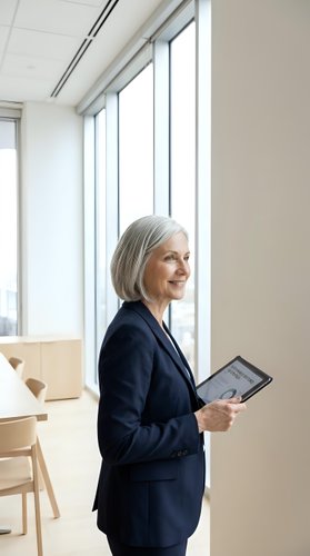 Senior businesswoman with gray hair holding tablet in modern office looking out window with natural light and minimalist workspace.