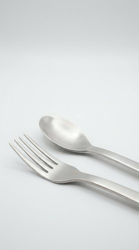 Elegant stainless steel fork and spoon cutlery set isolated on white background for kitchen dining restaurant culinary design projects.